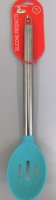 Ложка разливательная с прорезями силиконовая 35см, металлическая ручка, розовая, КС-296